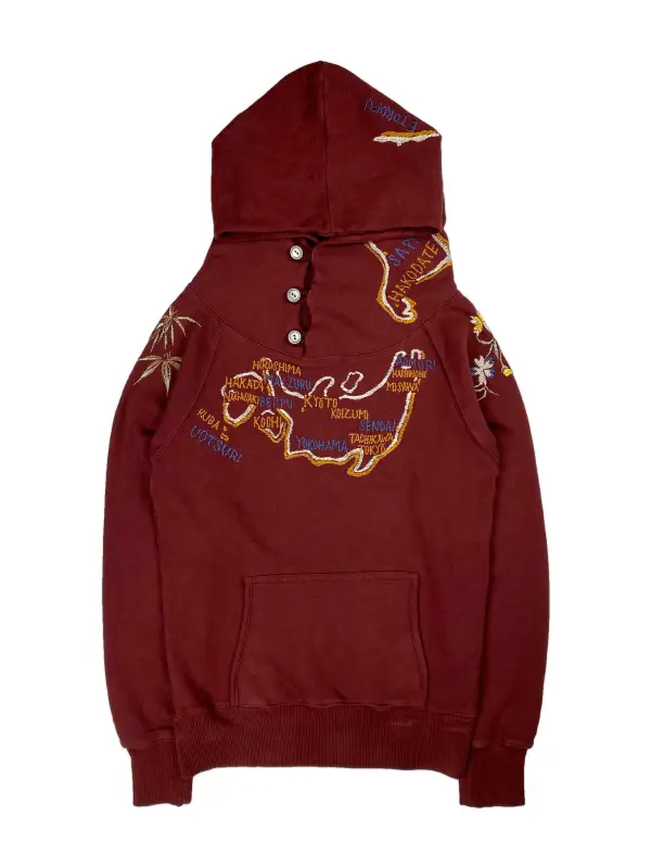 Japan Map Embroidered Henley Hoodie